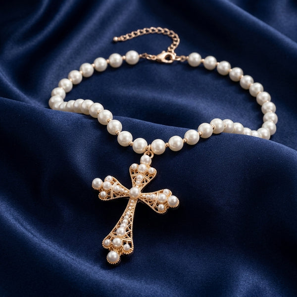 collier cruz sur tissu bleu marine satiné